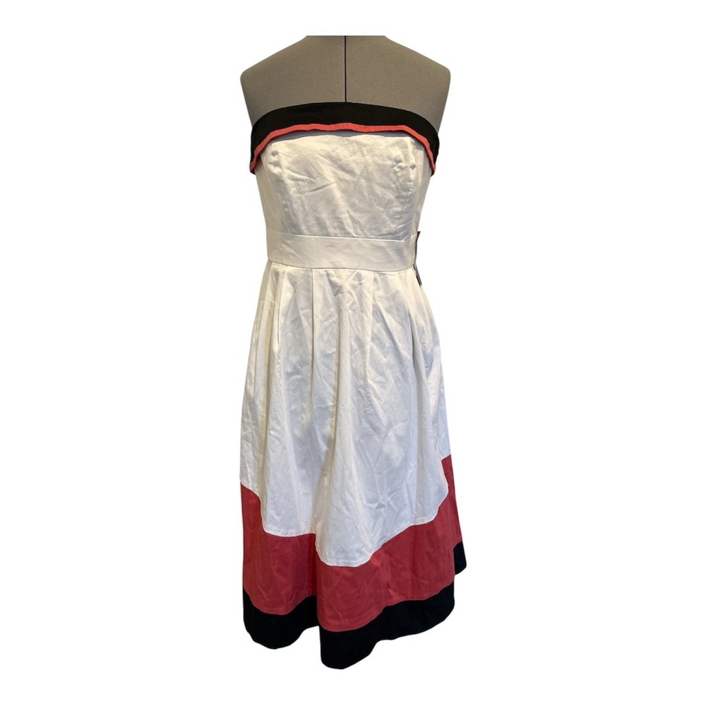 Eva Mendes White Strapless Color‎ Block Dress pleated flare skirt NWT +straps M